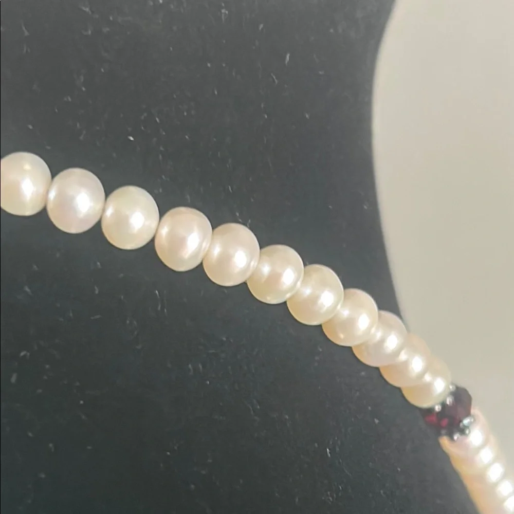 Hand Crafted Classic White Freshwater Pearl and Red Faceted Beaded Necklace Set